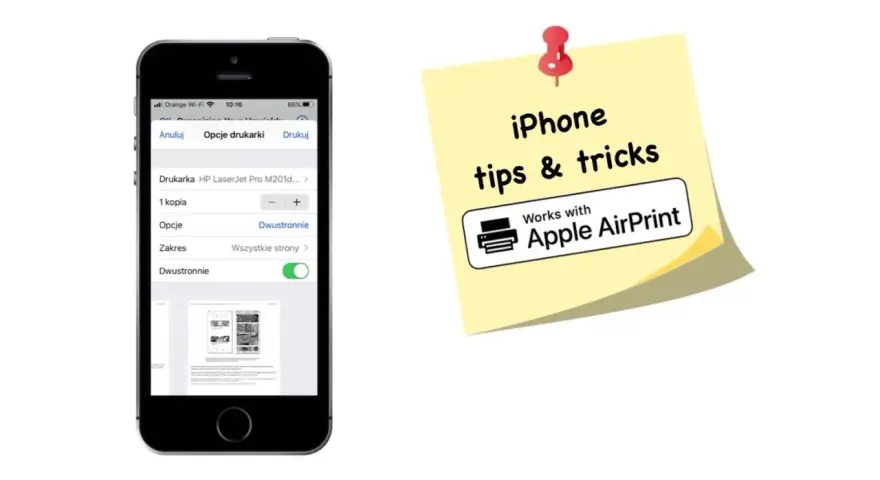 Ekran iPhone'a z opcjami drukowania, pokazujący drukarkę HP LaserJet Pro M201d i ustawienia dwustronne. Obok żółta karteczka z napisem "iPhone tips & tricks" i logo "Works with Apple AirPrint".