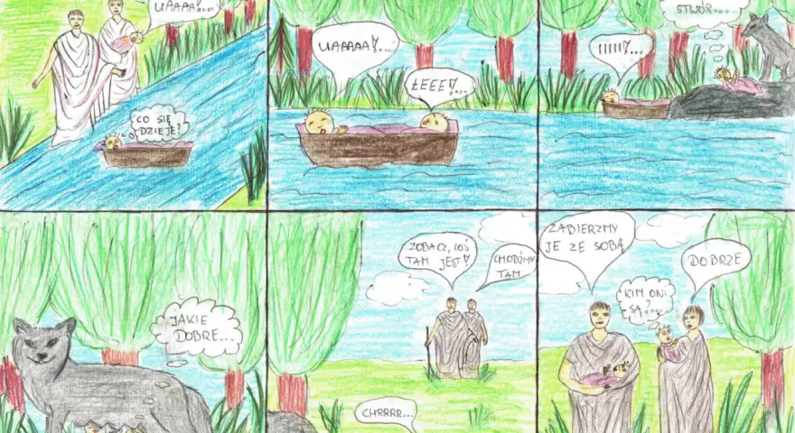 Rysunek komiksowy przedstawia porzucenie niemowląt w koszykach na rzece, które ratuje wilczyca.