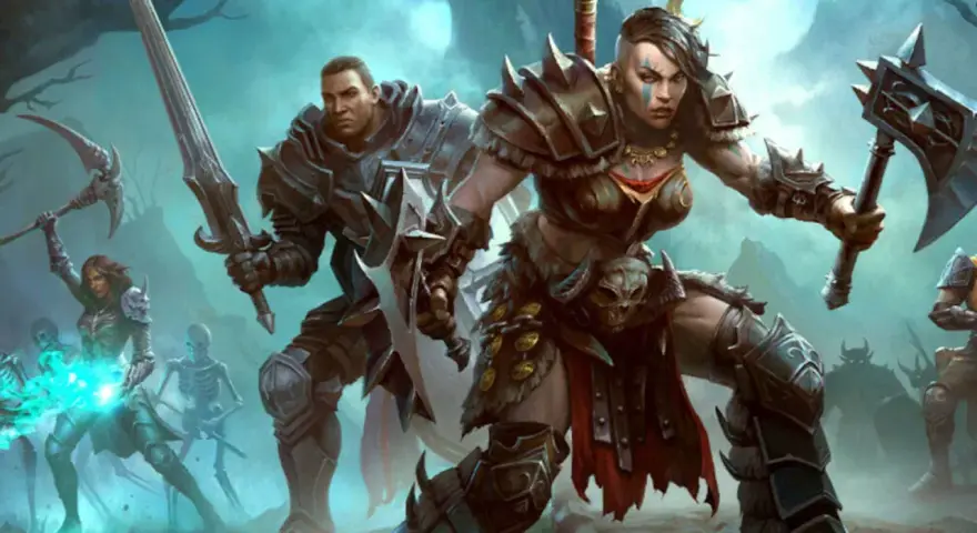 Wojownicy z Diablo Immortal na PS5 walczą z armią szkieletów i demonów.