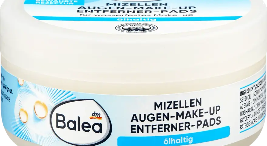 Balea Mizellen Augen-Make-up Entferner Pads, ölhaltig, in weißer Dose mit blauem Etikett.
