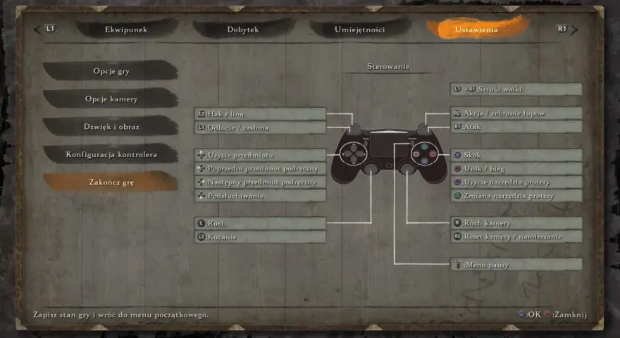 Sekiro poradnik: ekran ustawień kontrolera. Pozwala dostosować sterowanie, by lepiej opanować walkę i eksplorację.