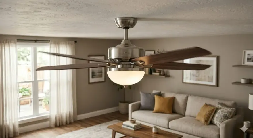 Ventilador de techo con luz, ideal para el invierno y verano, creando un ambiente acogedor en el salón.