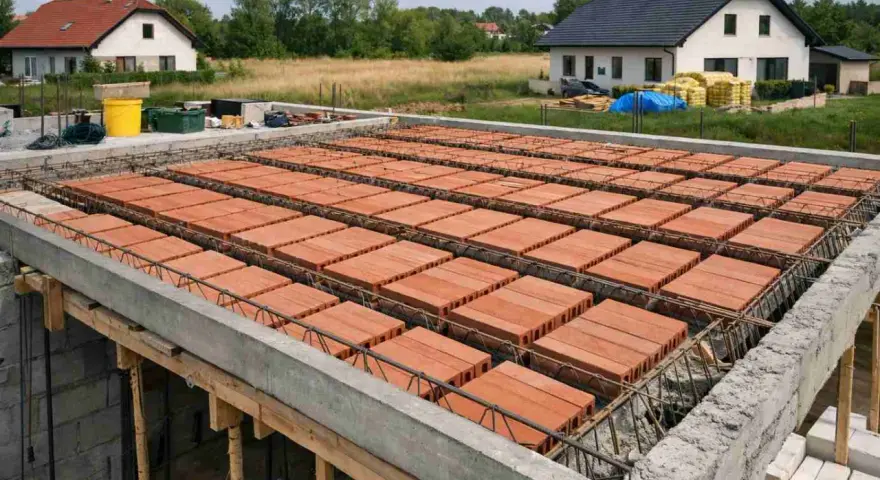 Budowa domu w toku. Widoczny strop gęstożebrowy z pustaków ceramicznych, przygotowany do zalania betonem.