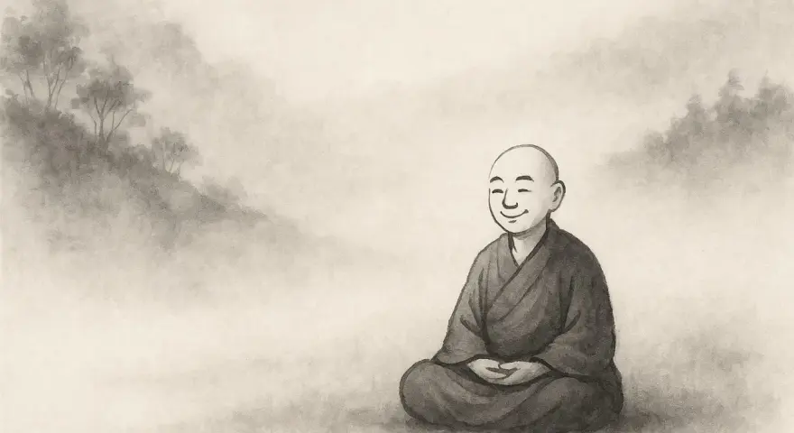 A smiling hermit monk sits in meditation amidst a misty, mountainous landscape.