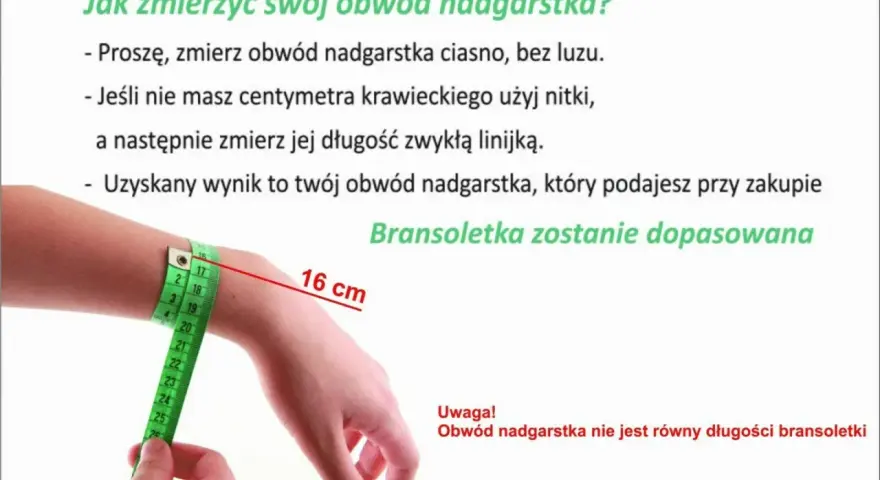 Dłoń z miarką krawiecką pokazuje obwód nadgarstka 16 cm. Jaki zegarek wybrać, by pasował?