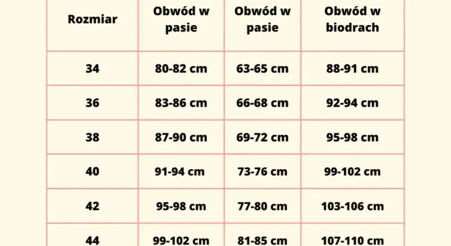 Tabela rozmiarów od 34 do 44. Rozmiar 40 odpowiada obwodowi w pasie 91-94 cm i biodrach 99-102 cm.
