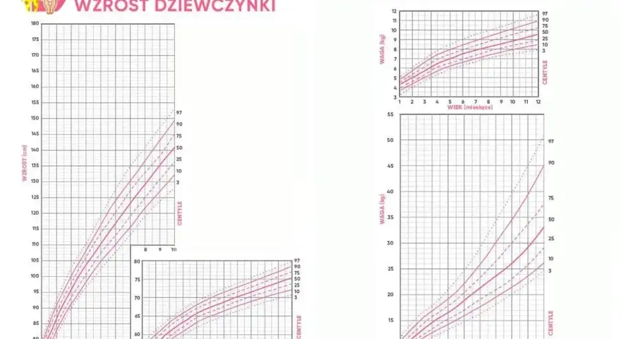 Siatki centylowe do monitorowania wzrostu i wagi dziewczynki. Wykresy pokazują prawidłowy rozwój dziecka.