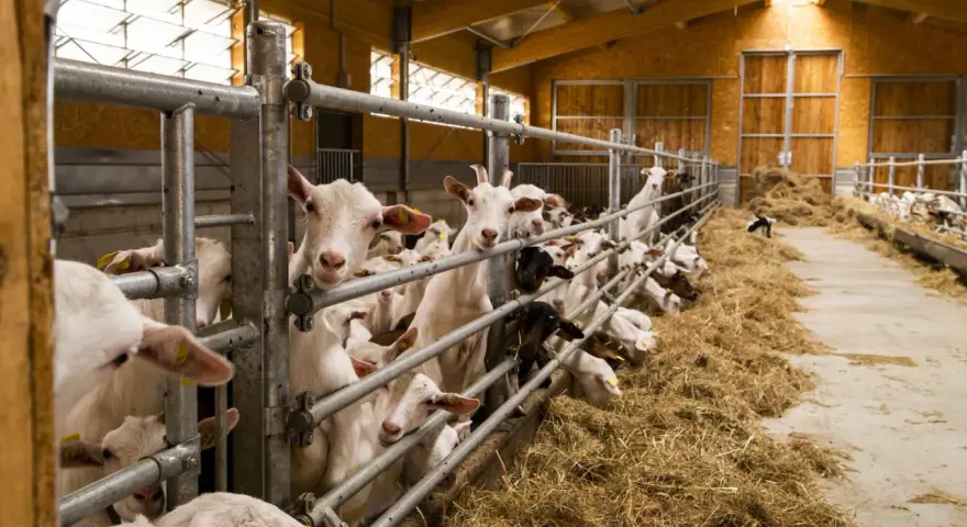 Un gruppo di capre curiose in una stalla per pecore, con fieno abbondante e recinzioni metalliche.