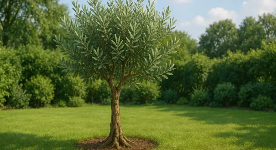Ein junger Olivenbaum steht auf einer grünen Wiese. Seine Äste sind mit vielen Blättern bedeckt. Die richtige **Olivenbaum Pflege** sorgt für ein gesundes Wachstum.