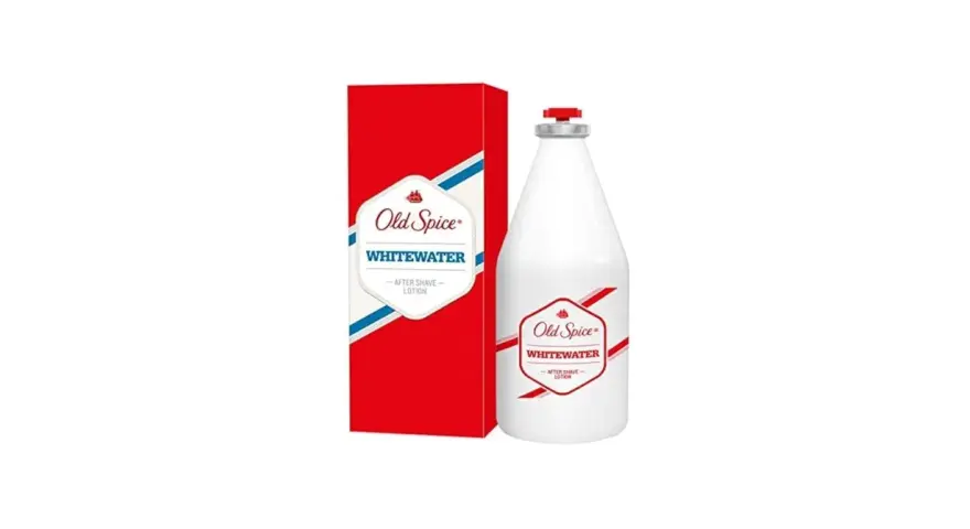 Woda po goleniu Old Spice Whitewater w białej butelce z czerwonym akcentem i pudełkiem.
