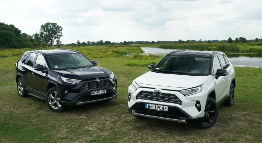 Dwa SUV-y: ciemny i biały Toyota RAV4 hybryda, stoją na łące nad jeziorem.