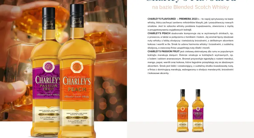 Dwie butelki Charley's Flavoured: brzoskwiniowa i marakuja. Opinie o Charley's whisky sugerują bogactwo smaków.