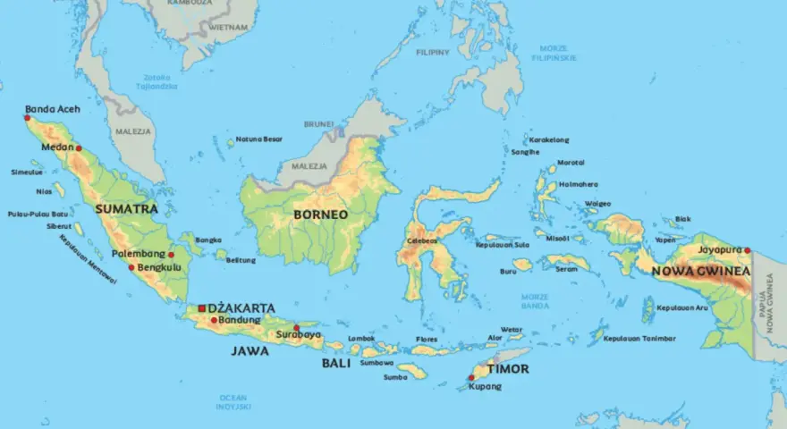 Mapa Indonezji pokazuje, gdzie jest Bali, między Sumatrą a Nową Gwineą, na południe od Borneo.