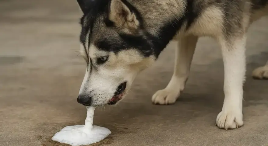 Husky pies wymiotuje niestrawionym jedzeniem, tworząc pianę na ziemi.