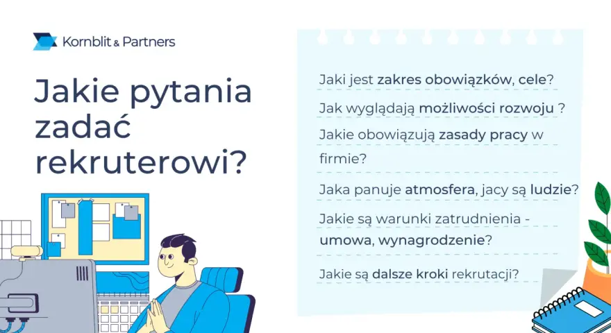 Jakie pytania zadać rekruterowi? Dowiedz się o obowiązki, rozwój, atmosferę i warunki zatrudnienia.
