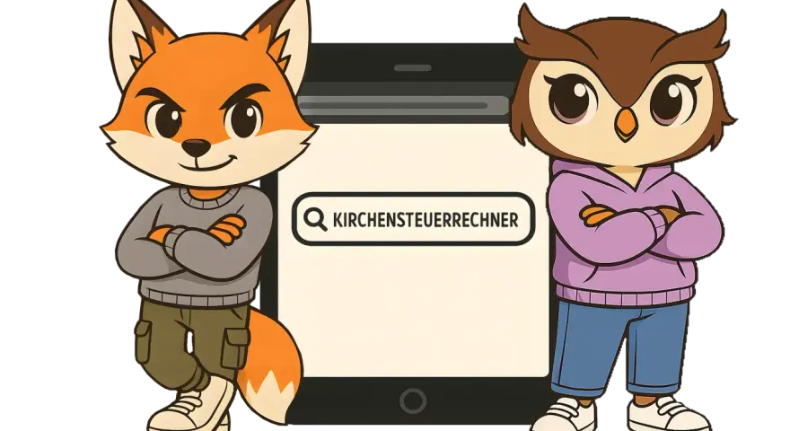 Fuchs und Eule vor einem Smartphone mit Suchleiste "Kirchensteuerrechner". Sie wollen wissen, wie hoch der Kirchensteuer prozent ist.
