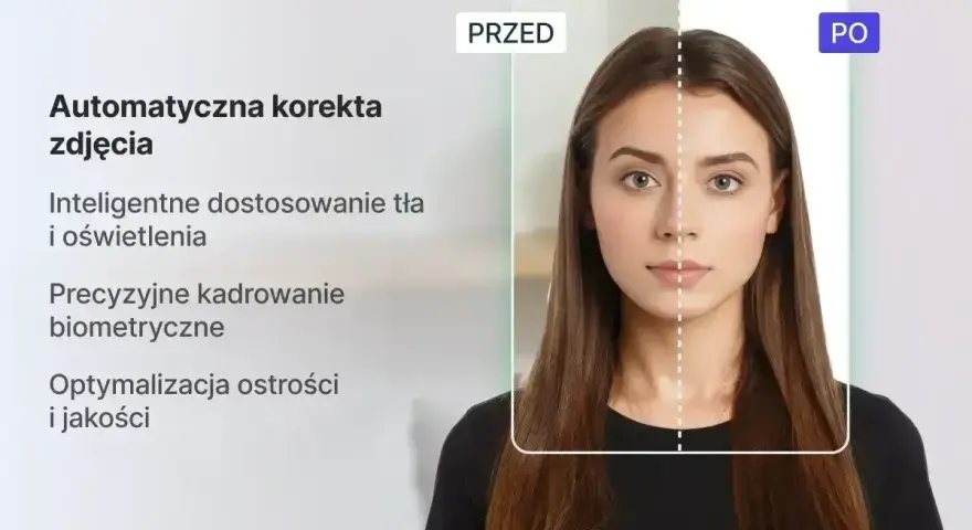 Automatyczna korekta zdjęcia z precyzyjnym kadrowaniem biometrycznym. Zobacz, jak inteligentne dostosowanie tła i oświetlenia poprawia jakość.