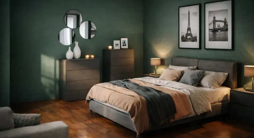 Camera da letto con pareti verde scuro, letto accogliente, due comodini con lampade, cassettiere e quadri di Parigi e Londra.