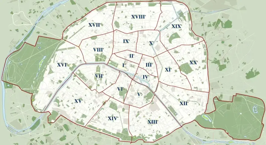 Mapa Paryża z podziałem na dzielnice (arrondissements). Plan pomoże Ci zdecydować, gdzie spać w Paryżu, wybierając najlepszą lokalizację.