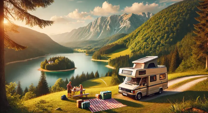 Rodzina cieszy się piknikiem podczas **camping słowenia**. Kamper stoi na trawie, obok rozłożony koc i bagaże. W tle jezioro i góry.