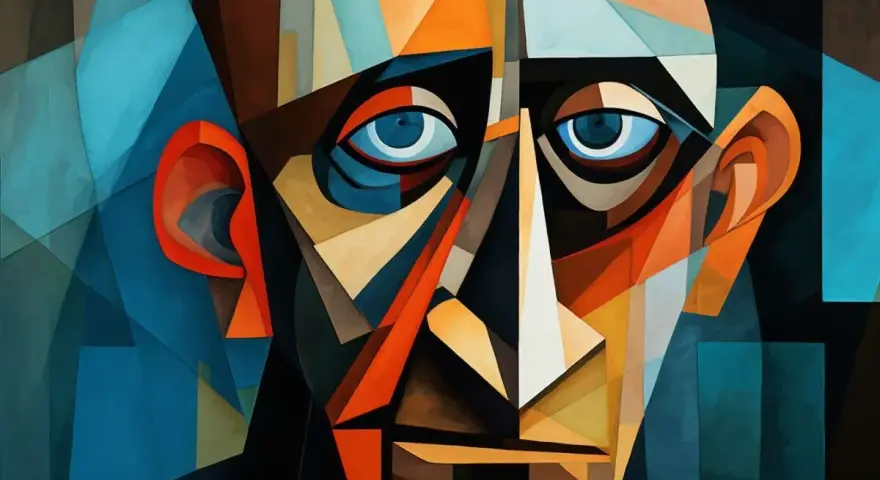 Portret w stylu kubistycznym, ukazujący twarz zdekonstruowaną na geometryczne kształty. To jakby spojrzenie w głąb duszy, typowe dla pewnego okresu w sztuce Pabla Picassa.