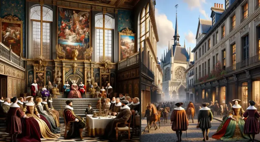 Scène de cour fastueuse et rue animée, évoquant l'esprit de la renaissance. Nobles en costumes d'époque, architecture grandiose.