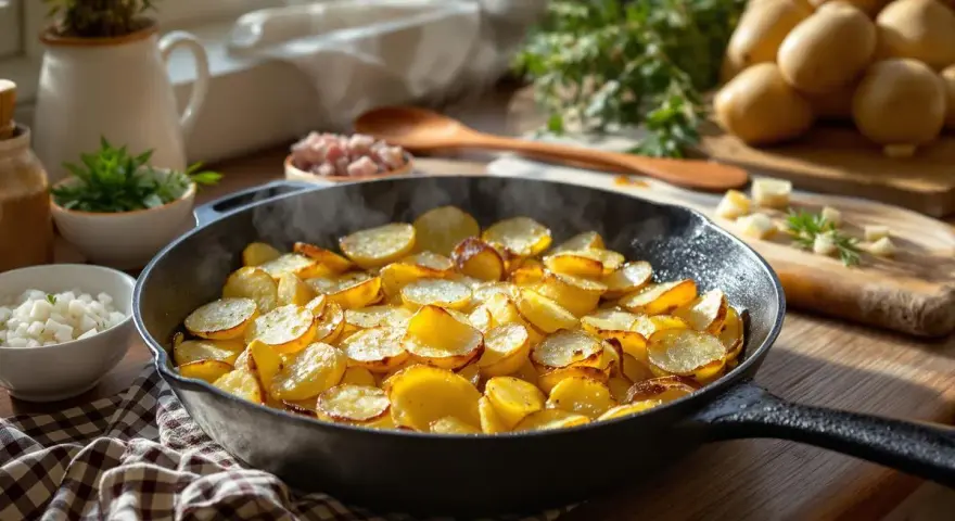 Heiß dampfende Bratkartoffeln in der Pfanne, ein Klassiker für jedes Bratkartoffeln Rezept. Dazu frische Kräuter und Speck.