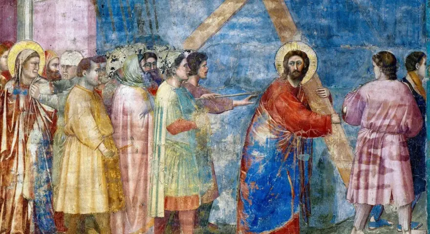 Jesus trägt sein Kreuz, eine Szene aus der jesus geschichte. Eine Gruppe von Menschen begleitet ihn, einige mitfühlend, andere gleichgültig.