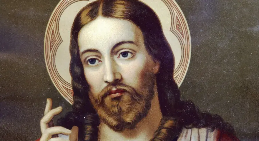 Porträt Jesu Christi mit Heiligenschein, der die Frage "wer ist Gott" in sich trägt.