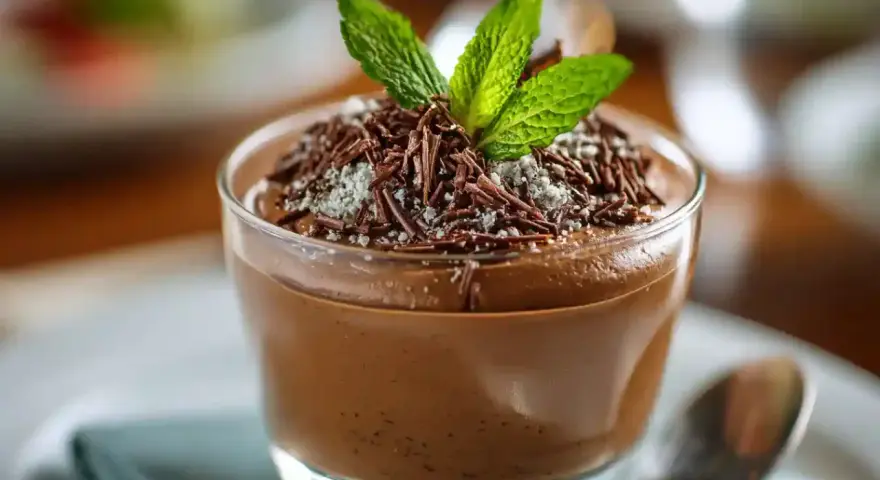 Délicieuse recette mousse au chocolat à l'ancienne, garnie de copeaux de chocolat et d'une touche de menthe fraîche. Un dessert onctueux et gourmand.
