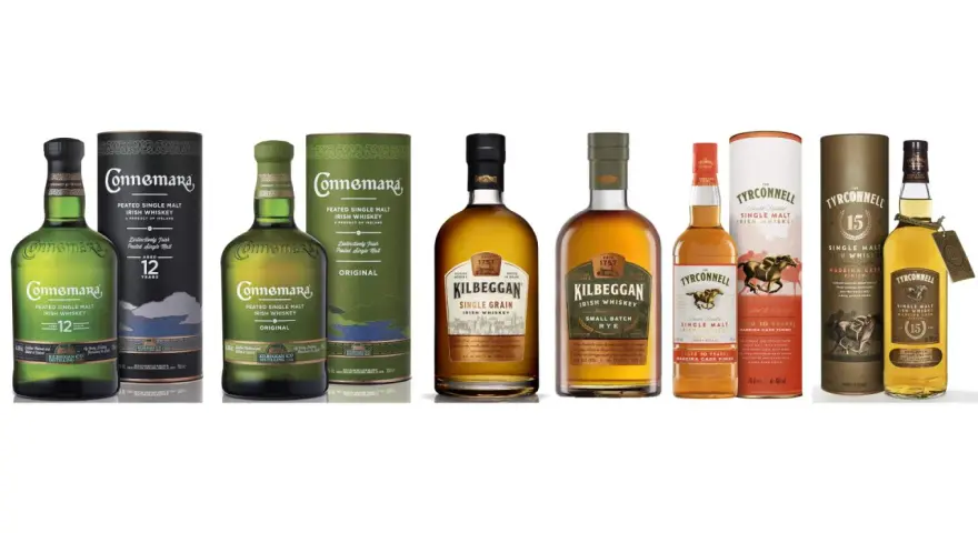 Verschiedene irische Whiskey Sorten: Connemara Peated Single Malt (12 Jahre & Original), Kilbeggan Single Grain & Small Batch Rye, The Tyrconnell Single Malt (Madeira Cask Finish, 15 Jahre).