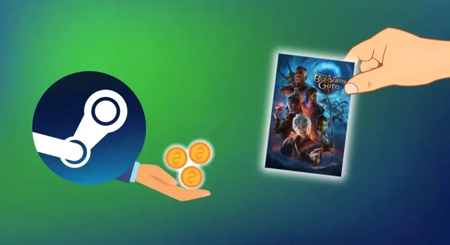 Ręka trzyma okładkę gry Baldur's Gate, a obok logo Steam i monety symbolizujące zwrot gry.