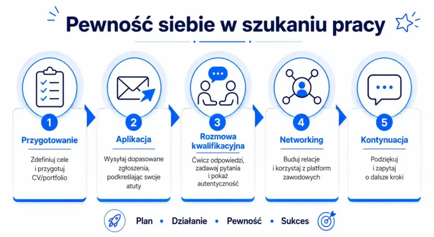 Schemat jak budować pewność siebie w szukaniu pracy: przygotowanie, aplikacja, rozmowa, networking, kontynuacja. Plan, działanie, pewność, sukces.