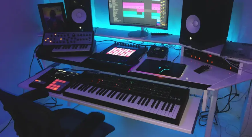 Studio z syntezatorami, kontrolerami i monitorami. Idealne miejsce do tworzenia muzyki, spełniające **fl studio wymagania**.