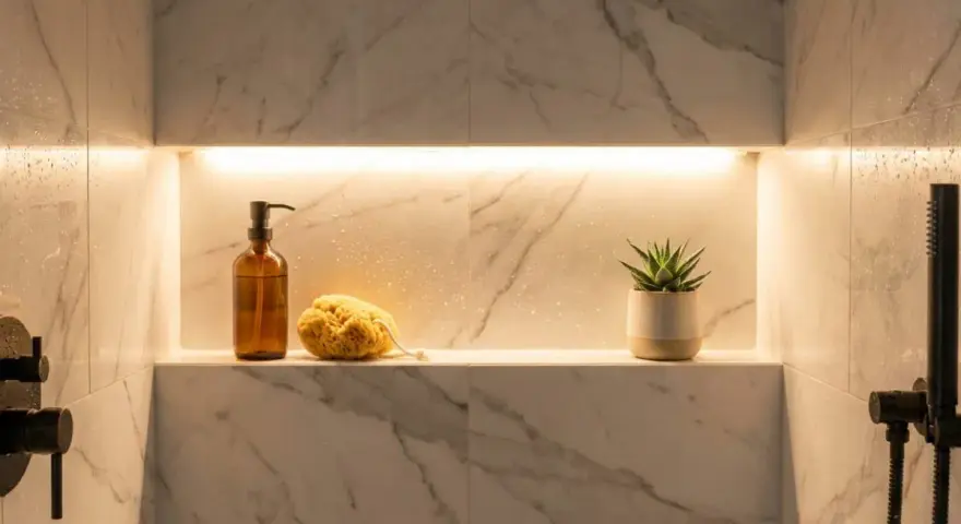 Une niche dans la salle de bain, éclairée par une lumière douce, présente une bouteille de savon, une éponge naturelle et une petite plante verte.