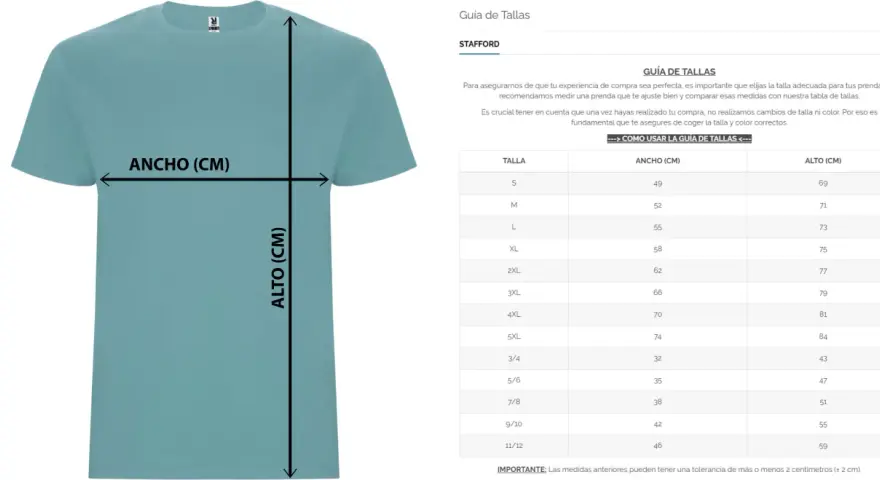 Guía de tallas para una blusa Stafford, mostrando cómo medir el ancho y alto en centímetros.