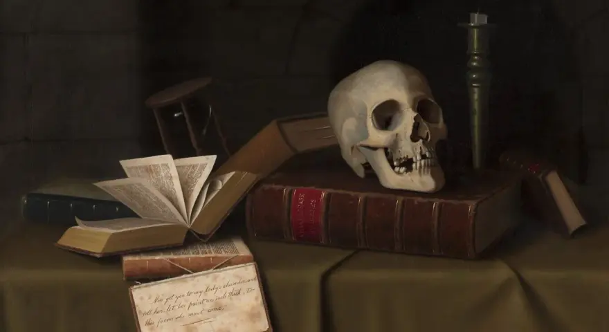 Czaszka na książkach, świeca i listek z cytatem z Szekspira. Memento mori utwory przypominają o przemijaniu.