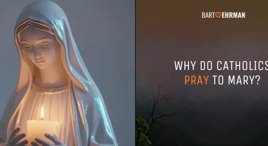 A statue of Mary holds a candle, with text asking "Why do Catholics pray to Mary?