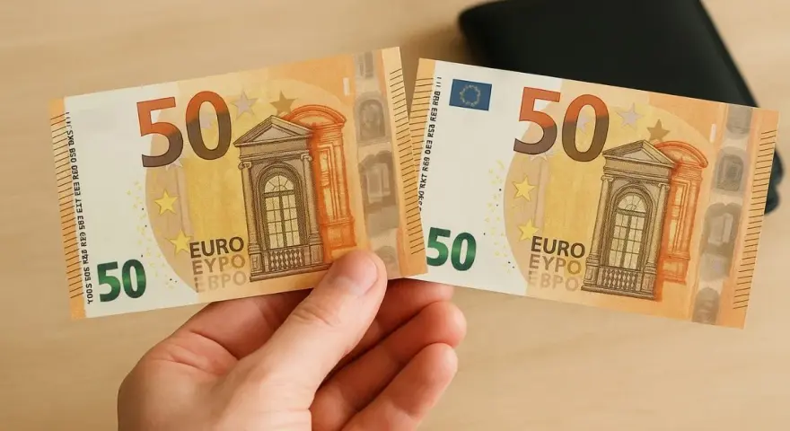 Une main tient deux moitiés d'un billet de 50 euros, prêt à être reconstitué. Un portefeuille noir est visible en arrière-plan.