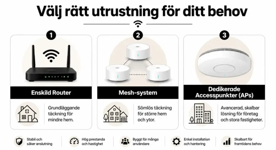 Bilden visar tre typer av nätverksutrustning: en router, ett mesh-system och dedikerade accesspunkter (APs). Varje typ beskrivs med sina fördelar, som grundläggande täckning för mindre hem, sömlös täckning för större ytor, eller avancerade, skalbara lö...