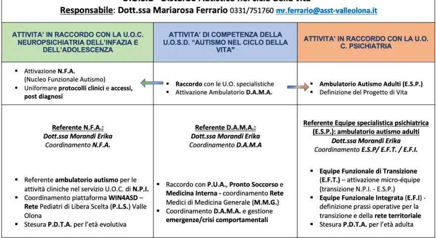 Schema delle attività per la diagnosi di autismo, con riferimenti e contatti per le diverse aree di intervento: infanzia, adolescenza e adulti.