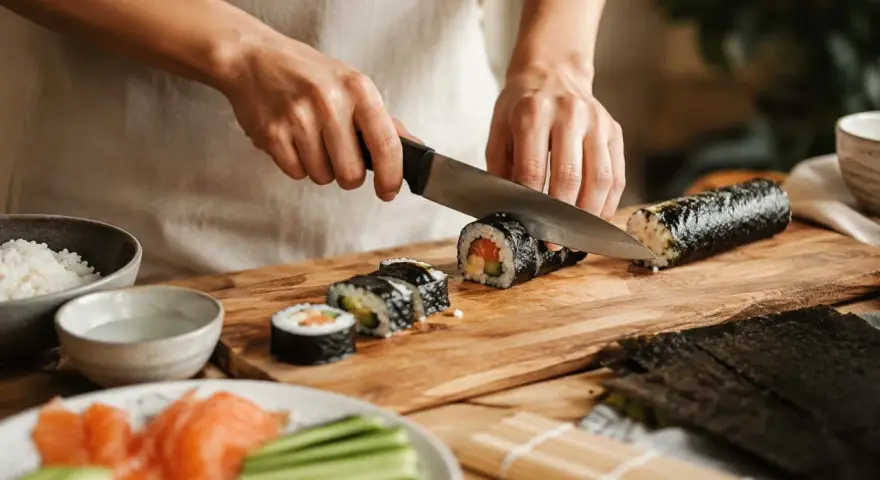 Oto jak się robi sushi: ręce kroją rolkę sushi na desce. Obok ryż, łosoś, awokado i ogórek.
