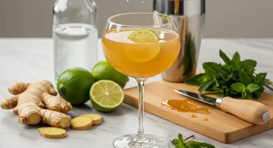 Un verre de boisson dorée garni d'une tranche de citron vert, entouré de gingembre frais, de citrons verts et de menthe. Une préparation pour une infusion gingembre citron rafraîchissante.