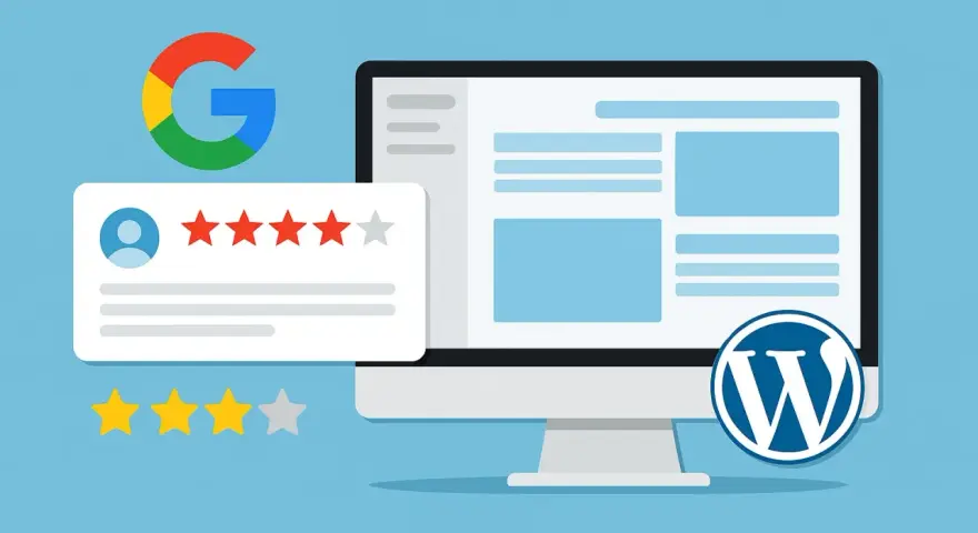 Un ordinateur affiche un site web WordPress. À côté, le logo Google et une bulle d'avis avec des étoiles, symbolisant un plugin WordPress avis Google.