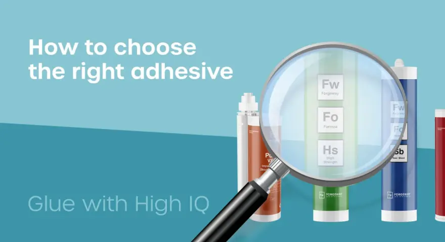 Magnifying glass over tubes of ForgeWay glue, highlighting options like "High Strength" and "Seal/Bond" for choosing the right acrylic glue.