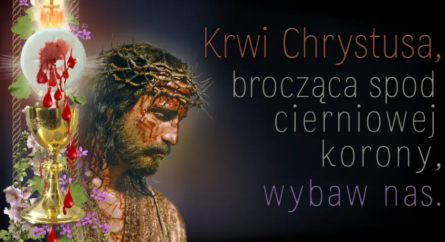 Obraz przedstawia cierpiącego Jezusa w koronie cierniowej, kielich z Krwią Chrystusa i kwiaty. Modlitwa za córkę.