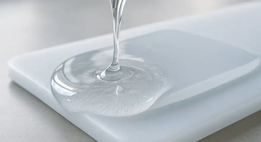 Clear resin pours onto a white acrylic surface, showing how does resin stick to acrylic.