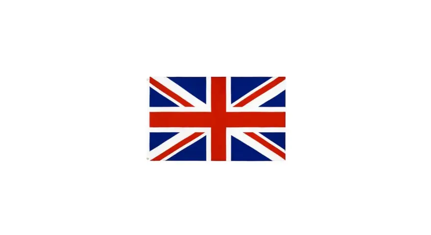 Flaga Wielkiej Brytanii: białe tło, na nim Union Jack z czerwonym krzyżem i białymi pasami na niebieskim tle.