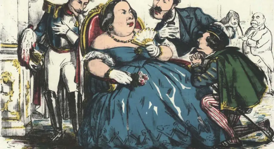 Caricatura del reinado de Isabel II: una reina obesa recibe pleitesía de cortesanos.