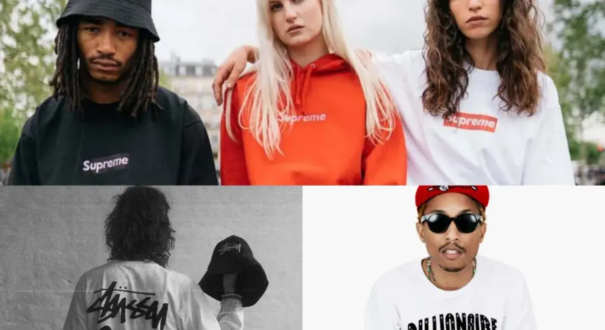 Kolekcja stylowych streetwear t shirts: czarny Supreme, pomarańczowa bluza Supreme, biały t-shirt Supreme, biały t-shirt Stussy i biały t-shirt Billionaire Boys Club.
